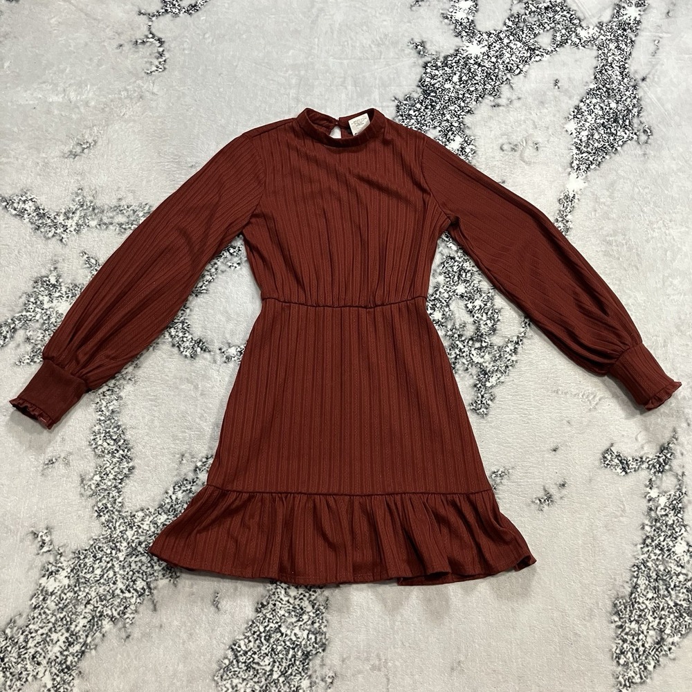 B Darlin Ribbed Long‎ Sleeve Mini Dress Juniors 1/2 Rust Mock Neck Ruffle Hem